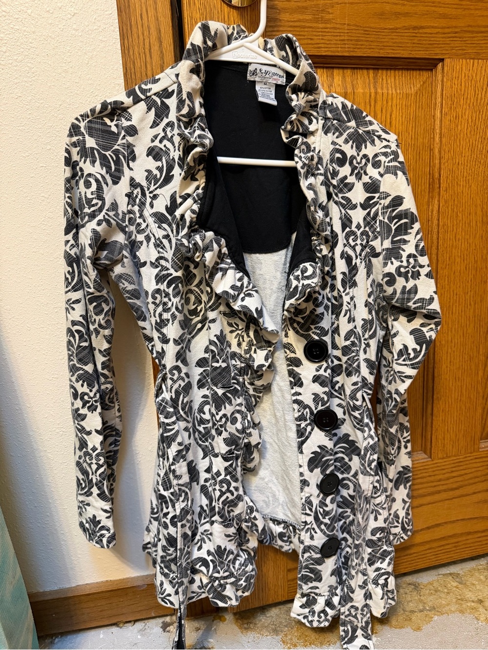Self Esteem Black and White Ruffled Button Front Trench